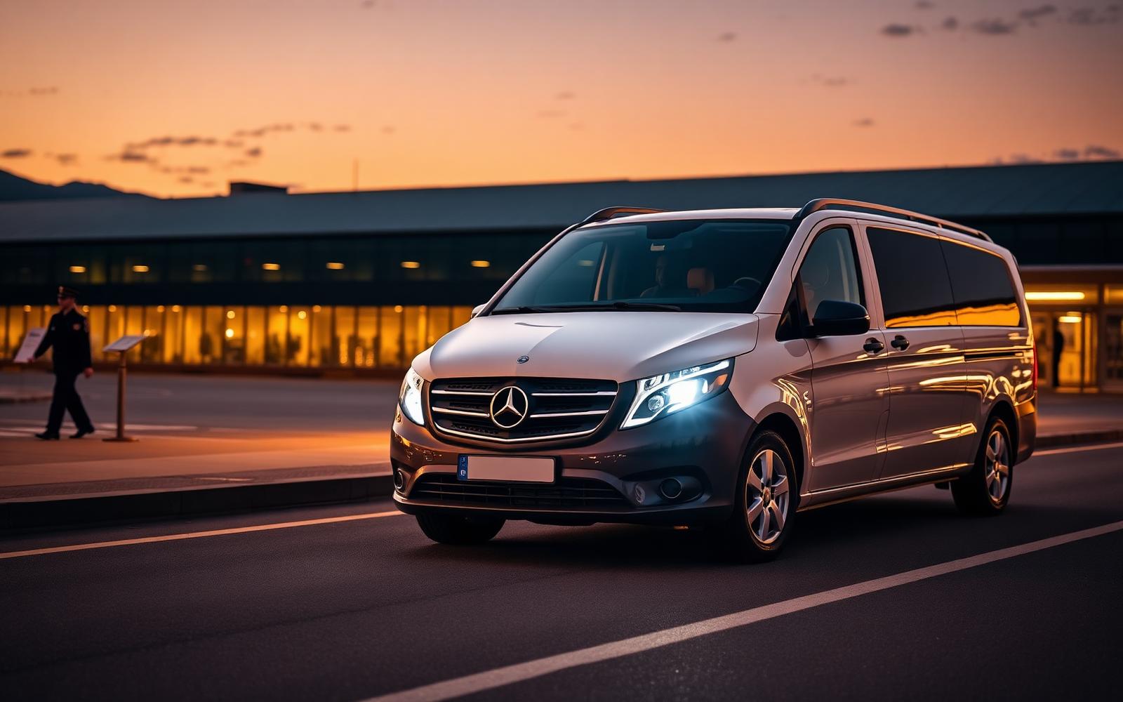 Executive van at Zurich airport terminal at dusk