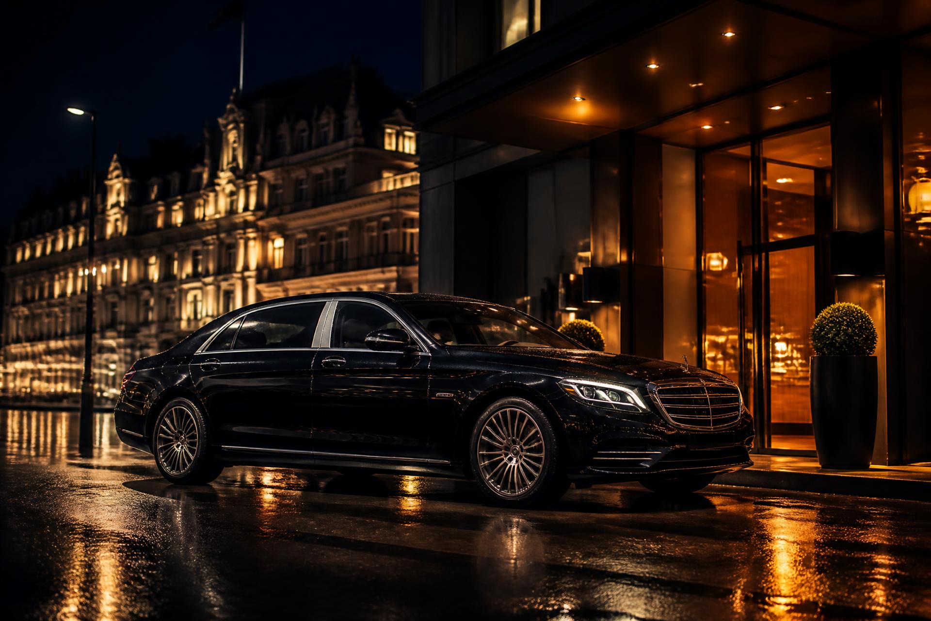 Black executive chauffeured sedan at night in front of a Swiss hotel