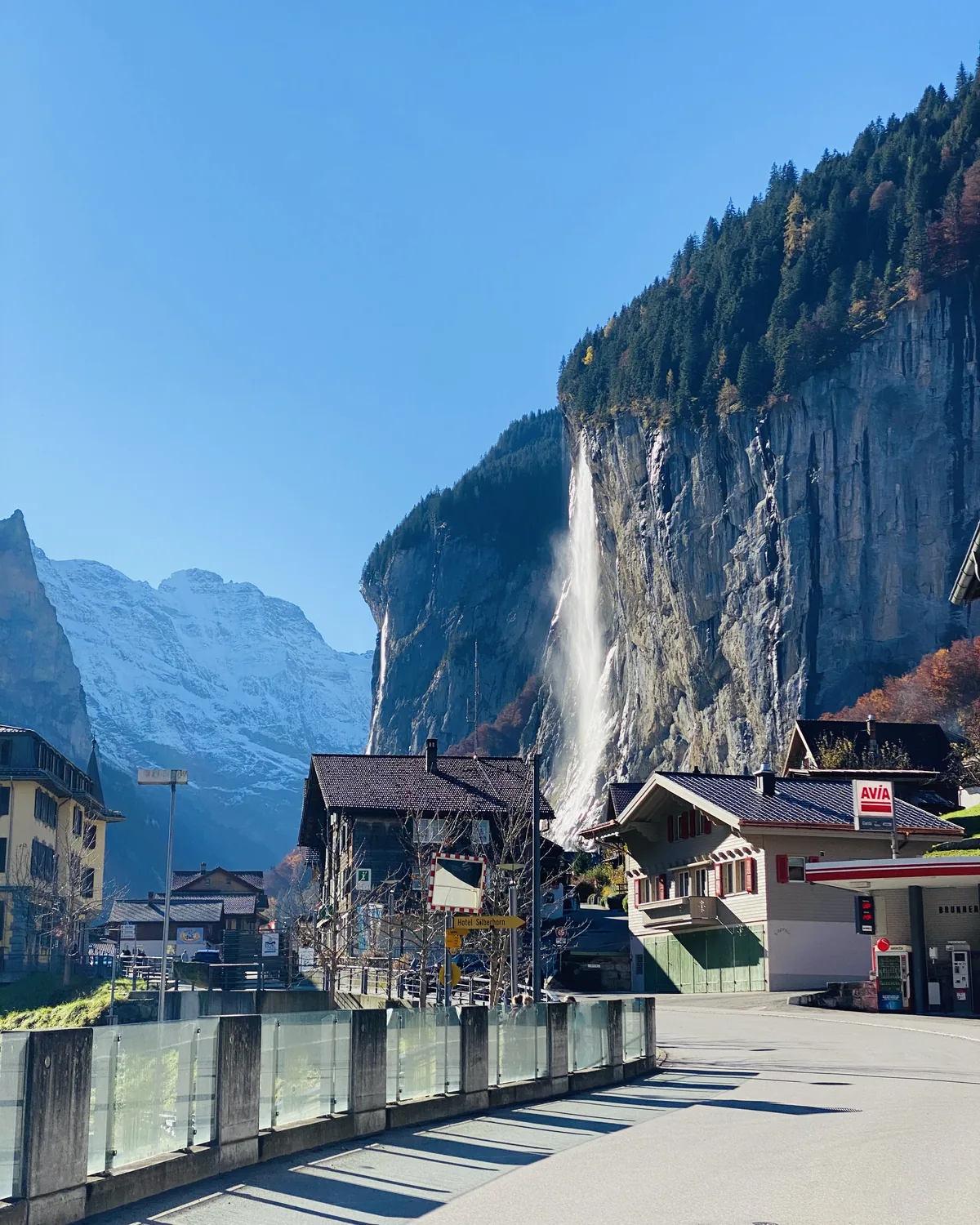 Staubbach Falls above Lauterbrunnen village