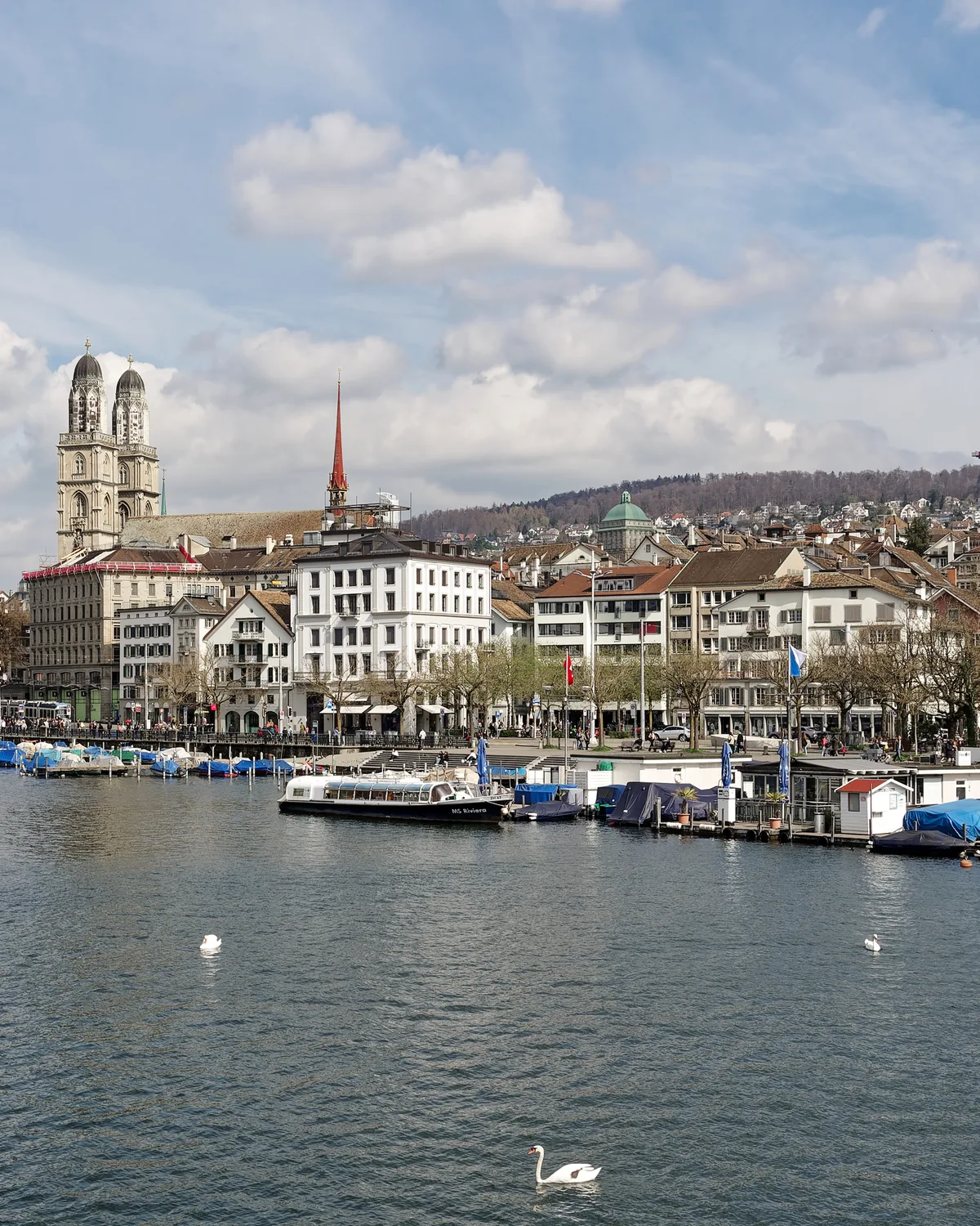 View of Zürich Old Town and Grossmünster beside the Limmat